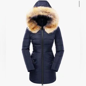 Women's Navy Blue Fur-Trimmed Hooded Coat